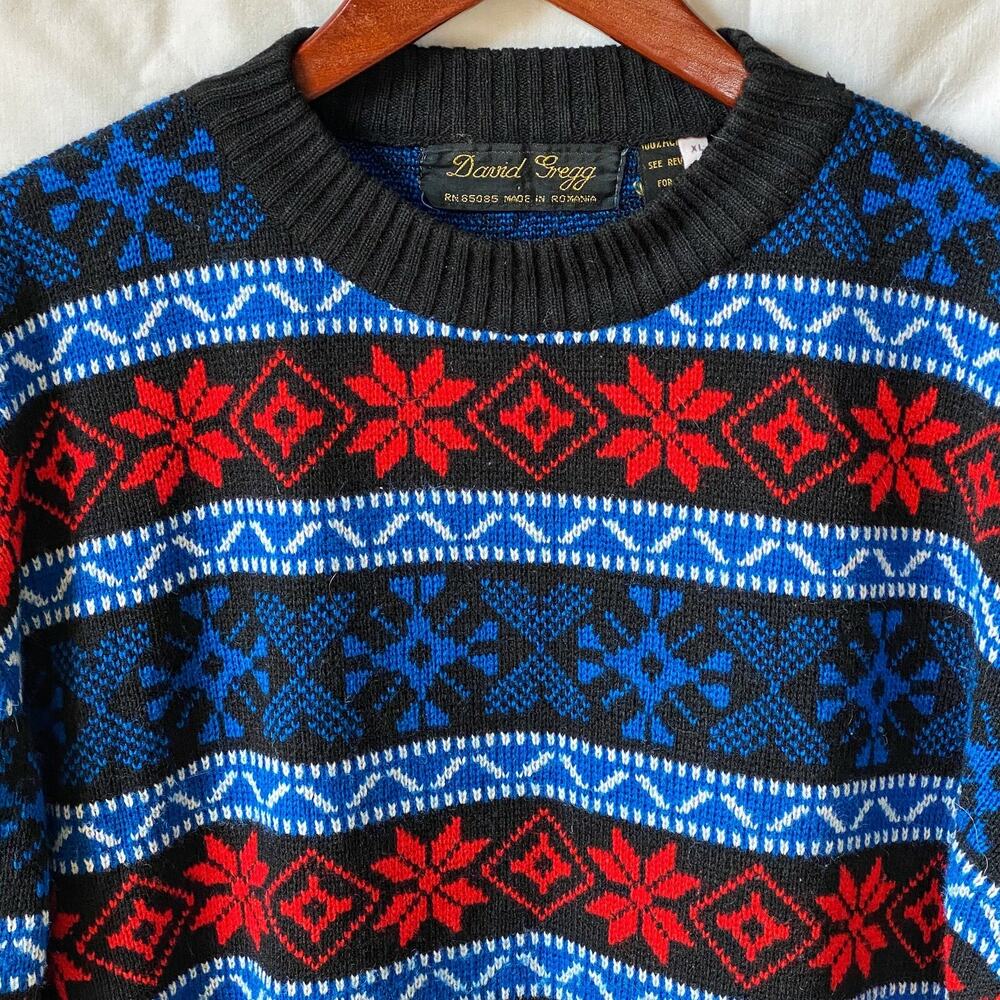 Snowflake Knit Crewel Neck Sweater Ski Lodge Tag Sz XL David Gregg Vintage 70s
